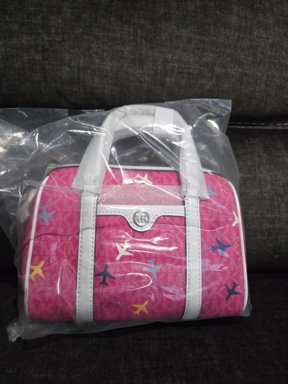 MICHAEL Michael Kors Pink Logo Mini Satchel with White Trim